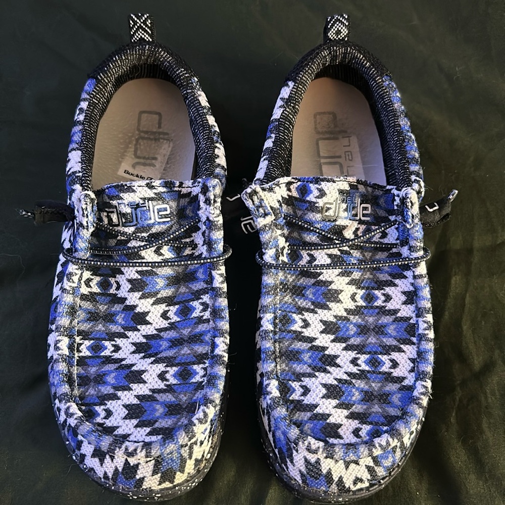 Boys size 5 Hey Dudes! Blue Aztec design